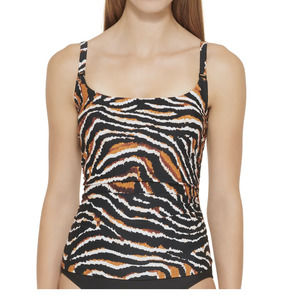 DKNY Square Neck Tiger Animal Print Brown & Black Tankini Top Swimsuit NWT